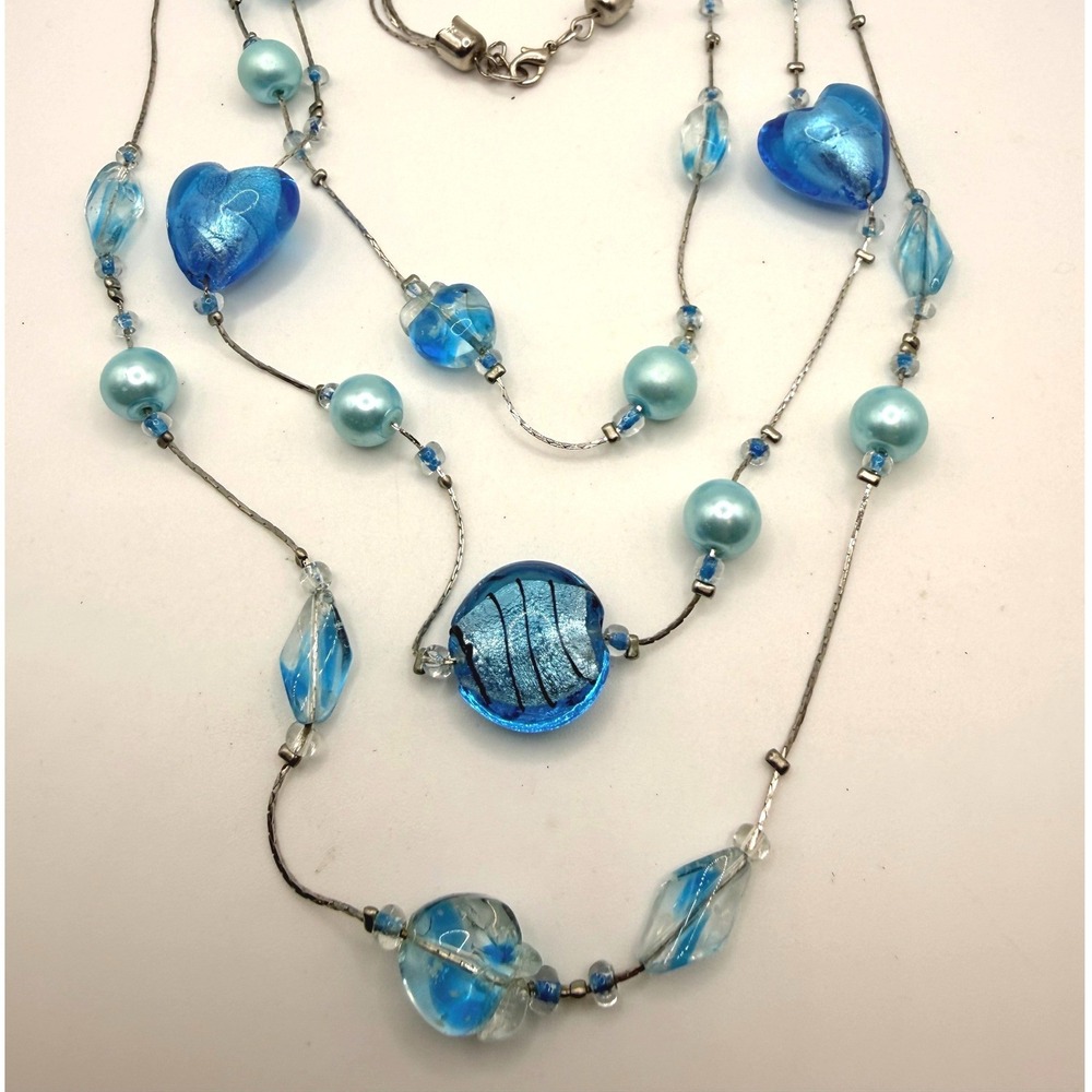 Blue Glass Heart Multi Strand Beaded Necklace Faux Pearl Silver Tone 20 Inches